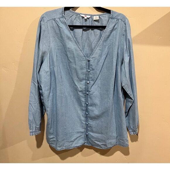 Levi’s Denim Oversized Collarless Vneck Top, Size 1X. Flawless. Cinched Wrist. - Picture 1 of 5